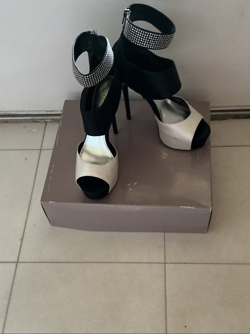 Bakers Black and Cream Rhinestone Ankle-Strap Stiletto Heels